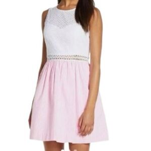 Lilly Pulitzer Alivia Havana Pink Dye Seersucker White & Pink Eyelet Lace Dress